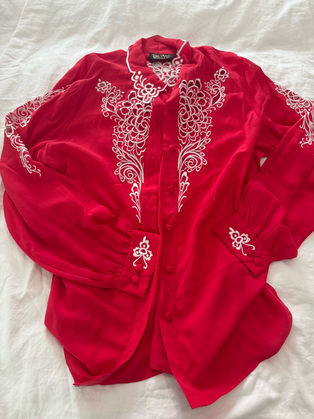 BOB MACKIE / Silk Red Blouse with White Embroidery